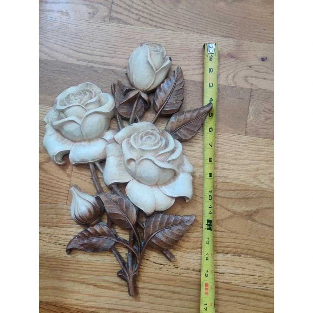 Vintage Mid Century Floral Wall Decor Plaques Set of 2 Roses & Chrysanthemums